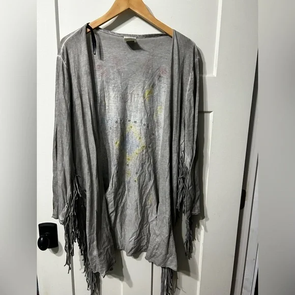 Vocal Gray Steer head feather rose Bling Fringe Kimono Cardigan - Picture 4 of 4
